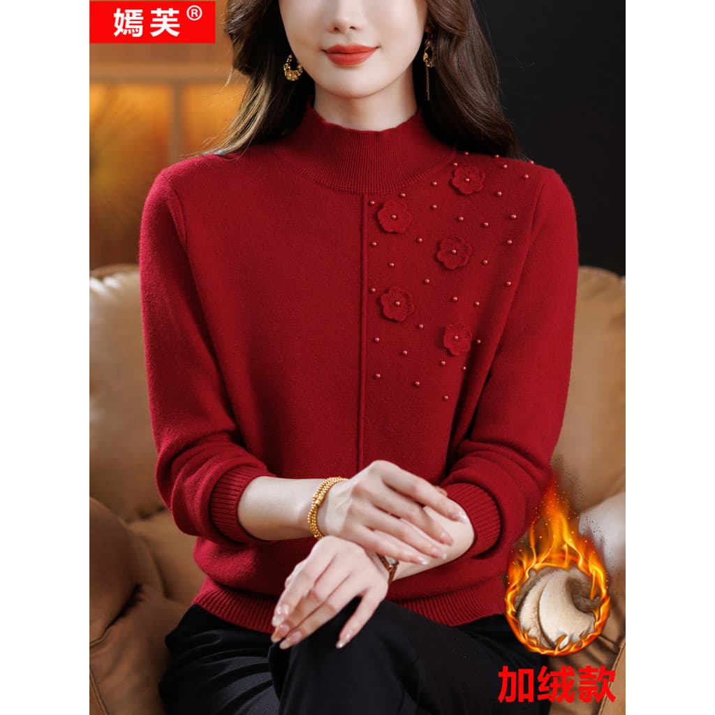 Yanfu novo estilo camisola de lã de uma peça inverno meia gola alta camisola velo engrossado camisa de fundo senhoras Sw