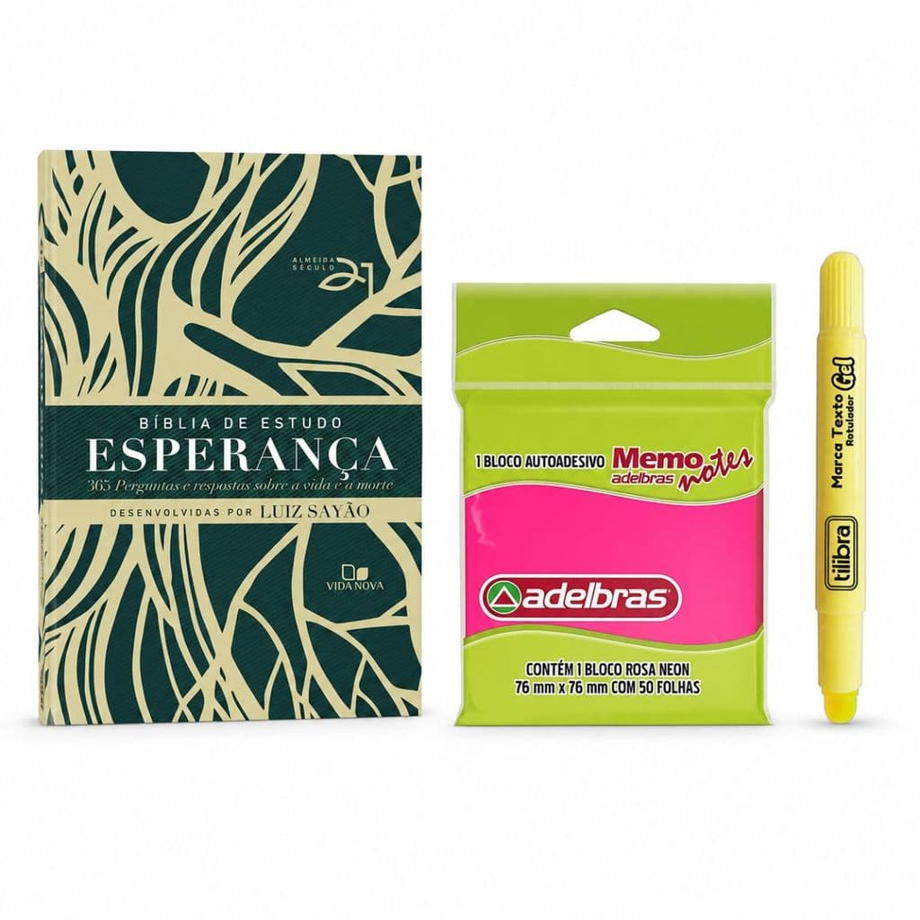 Kit Bíblia De Estudo Esperança + Bloco Adesivo + Marca Texto