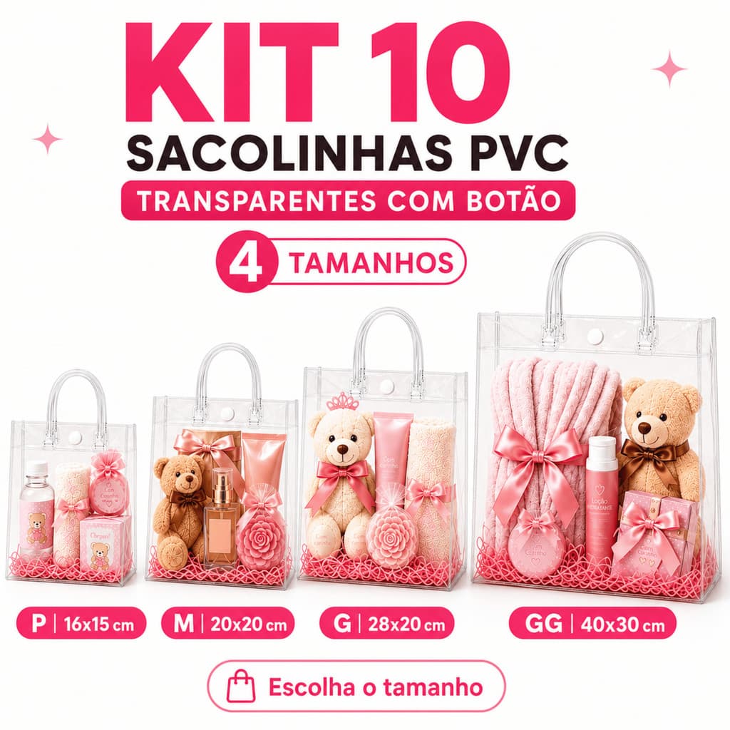 Kit 10 Sacolinhas PVC Transparentes com Botão Lembrancinha Presente Festa Brinde 4 Tamanhos P M G GG