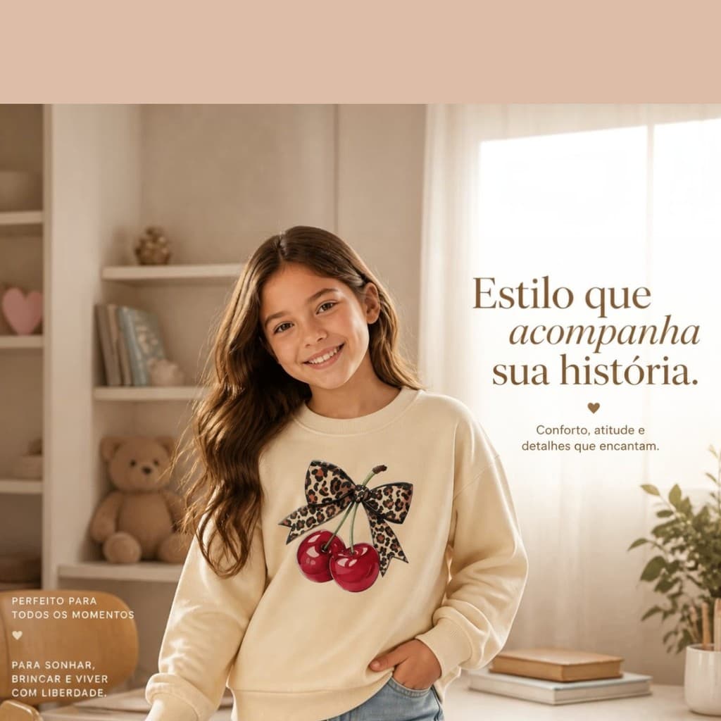 Moletom cereja  Streetwear Blusa De Frio infantil  Gola Careca Algodão Premium Bege