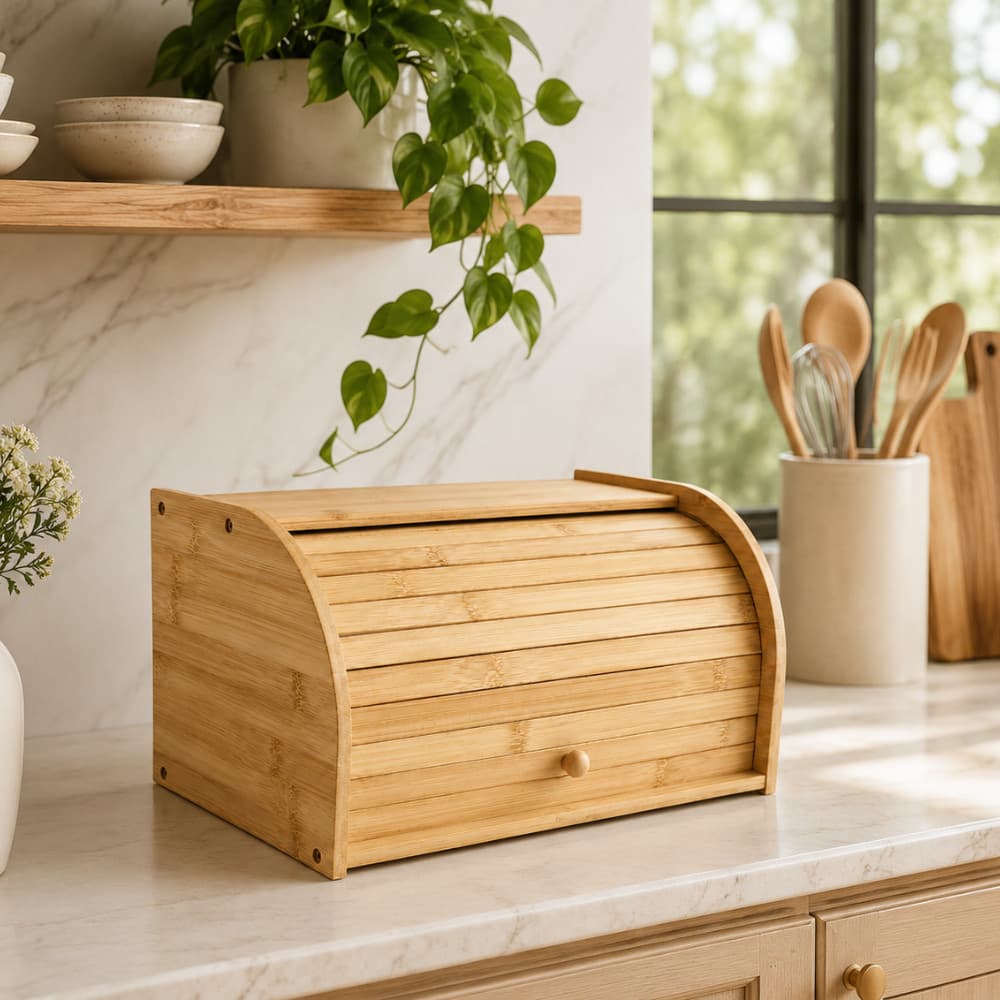 Porta Pão de Bambu com Tampa Retrátil Organizador de Cozinha