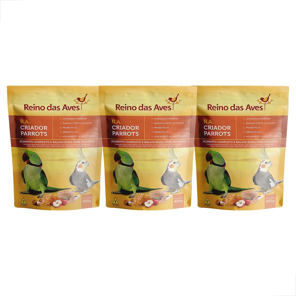 Kit 3 UN Farinhada Para Calopsita RA Criador Parrots 400g Reino Das Aves