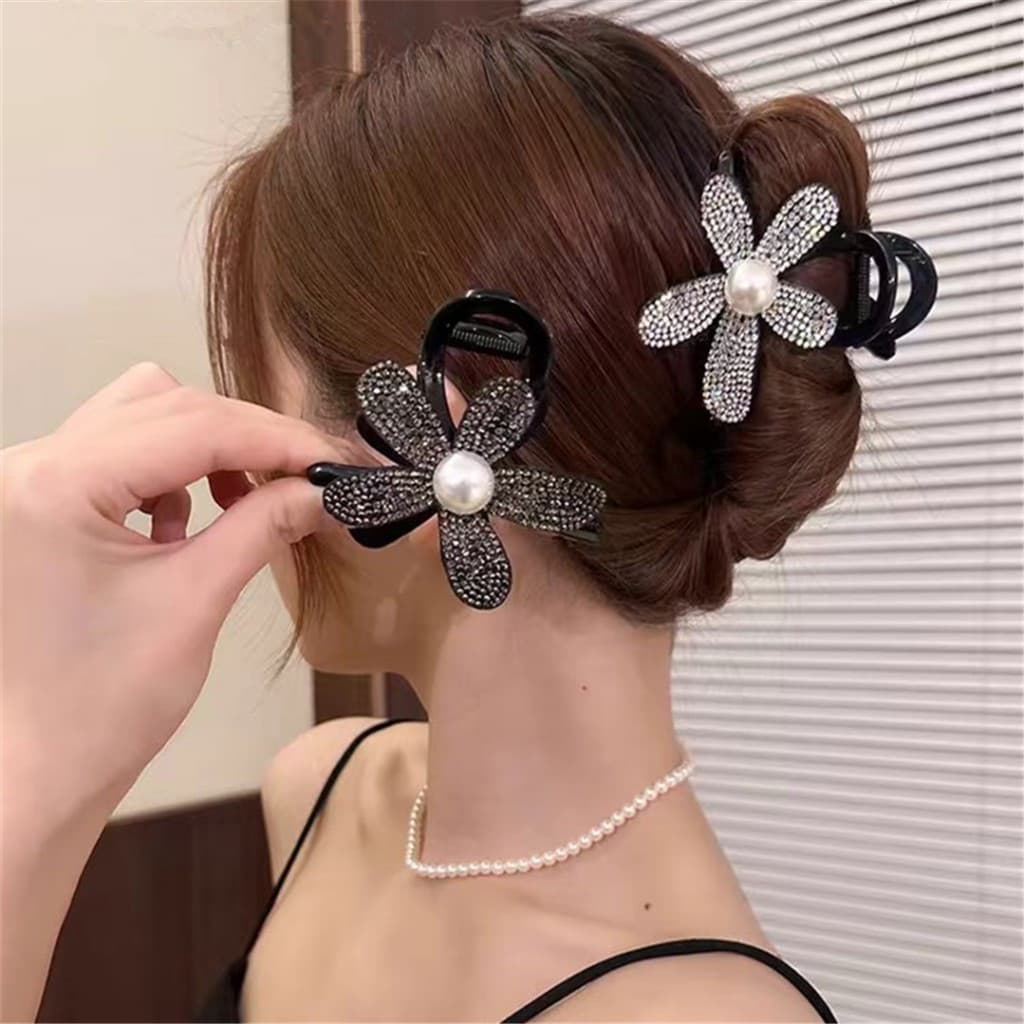 Duas Presilhas de Cabelo com Flores Brilhantes e Pérolas, Presilha de Cabelo Coreana Fofa de Primavera, Acessório Femini