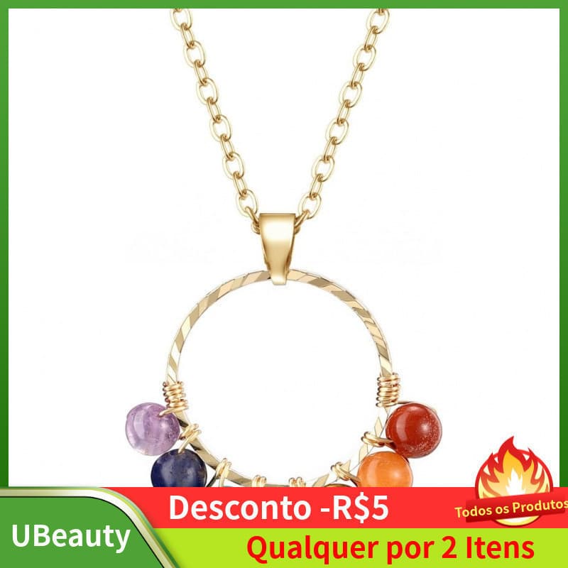 Colar Feminino de 7 Chakras, Colar com Pingente de Pedra Preciosa Natural Redonda de 4mm para o Dia das Mães, Joia, Pedr