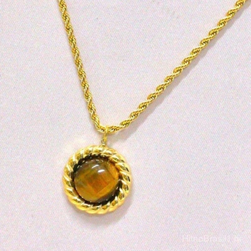 Colar estilo retrô francês, corrente torcida em aço inoxidável 18K, elegante e luxuosa, com pedra olho de tigre redonda,