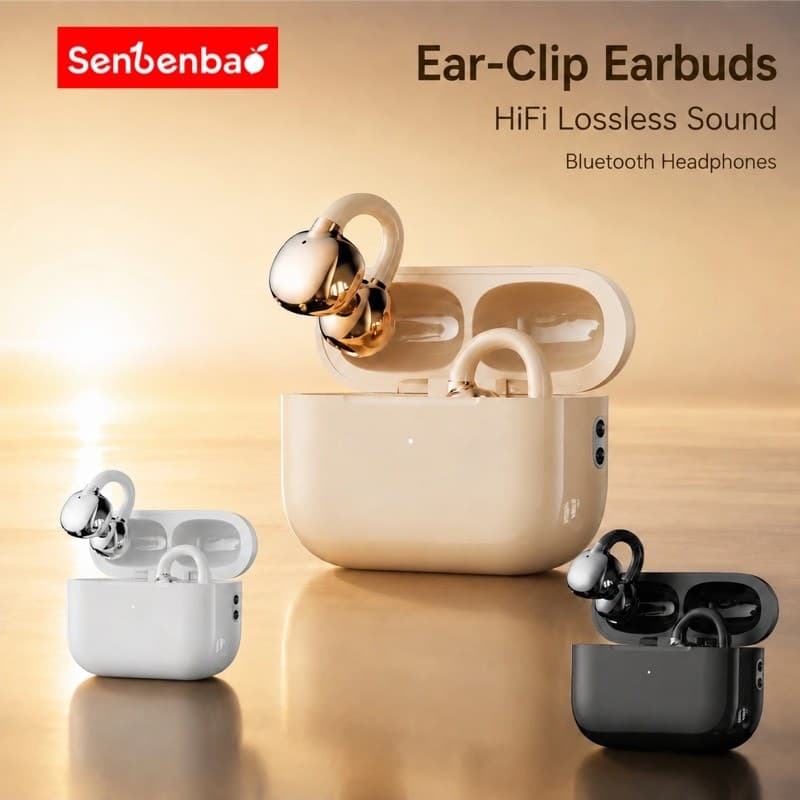 Senbenbao Fones De Ouvido AirClip 6 Clip On Sem Fio Acabamento Galvanizado HiFi Estéreo Bluetooth Com Cordão Conforto Ab