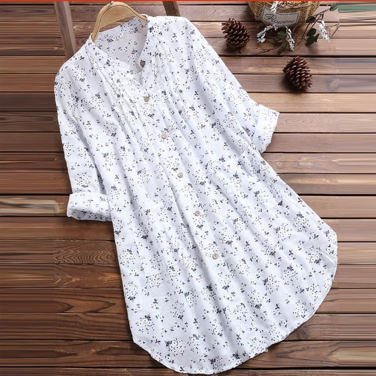 Camisa feminina 2020 com decote em V plissada estampa Floral manga comprida estilo camisa Casual