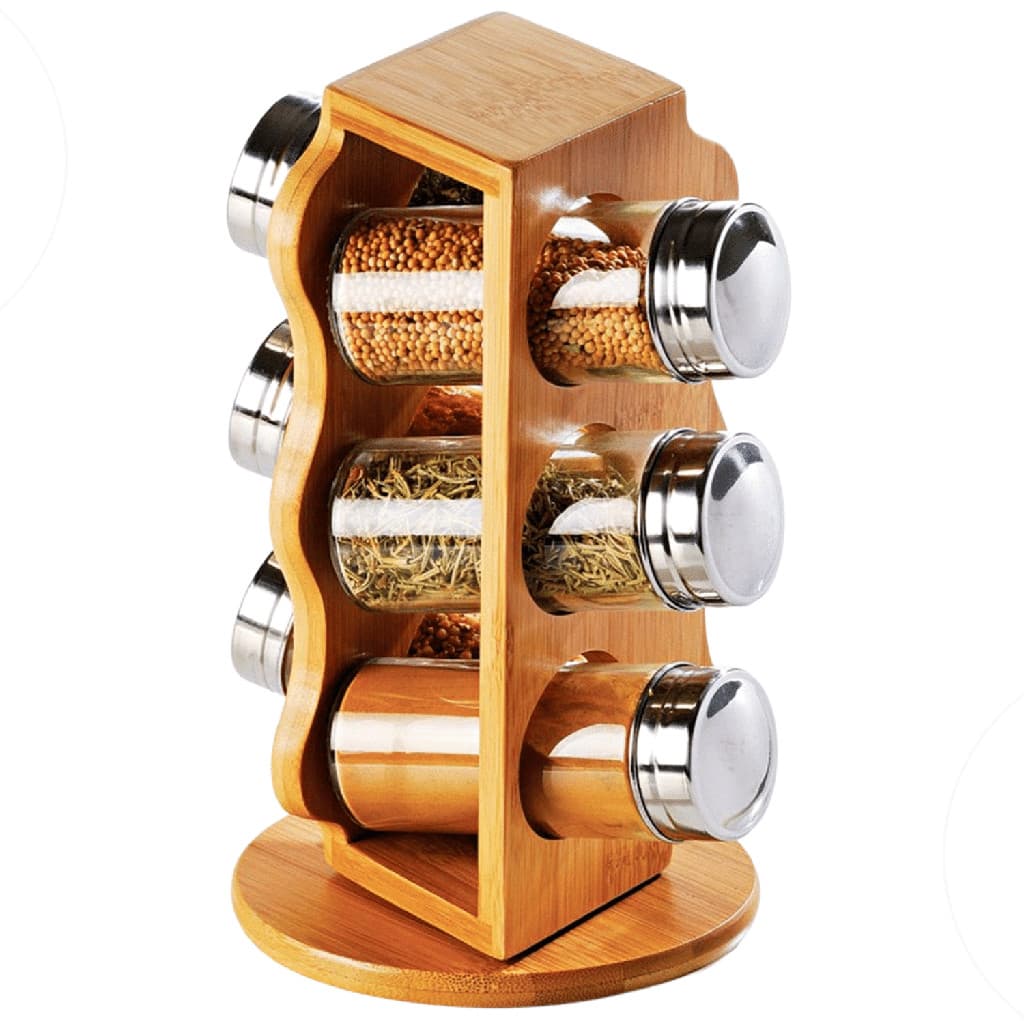 Porta Condimentos Temperos Giratório Salzburgo Bambu 6 Potes de Vidro 100ml
