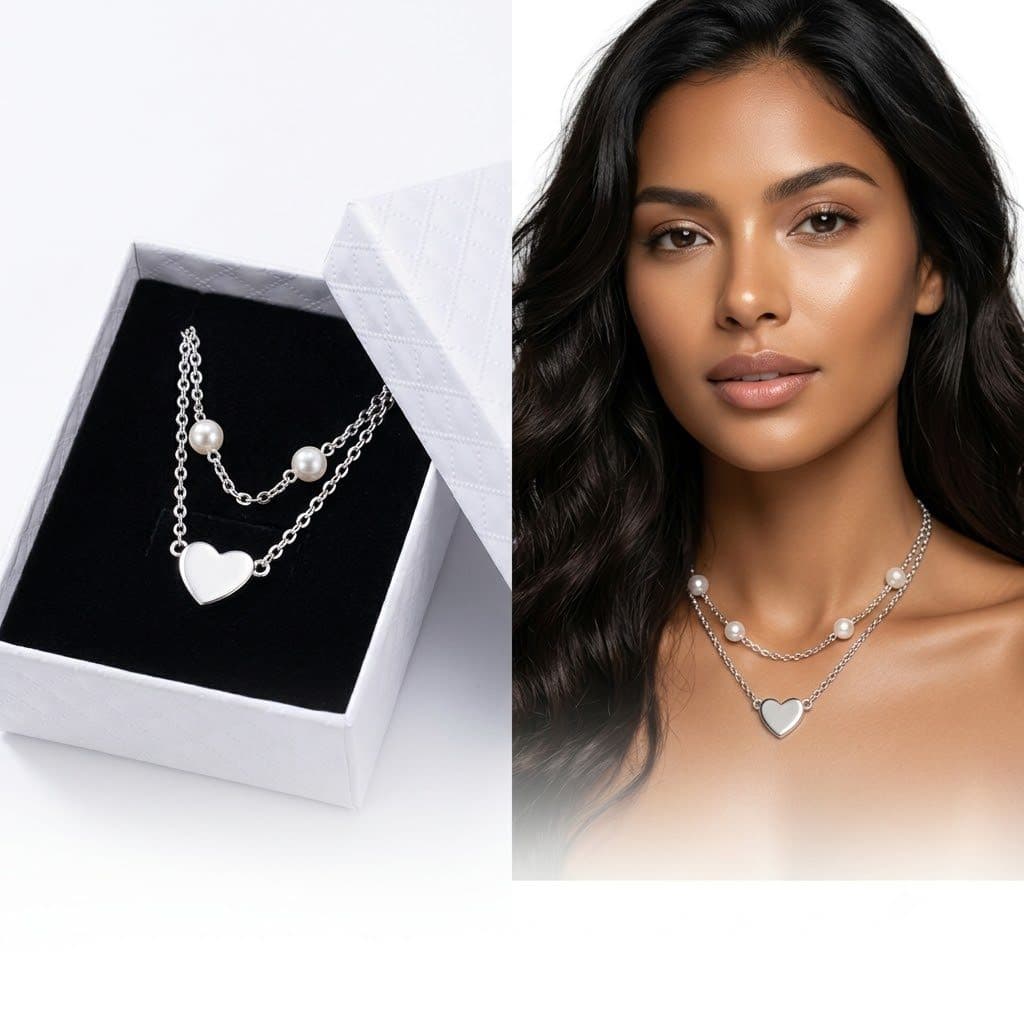 Colar Feminino Duplo Coração e Pérolas Banhado a Prata +caixa presente luxo