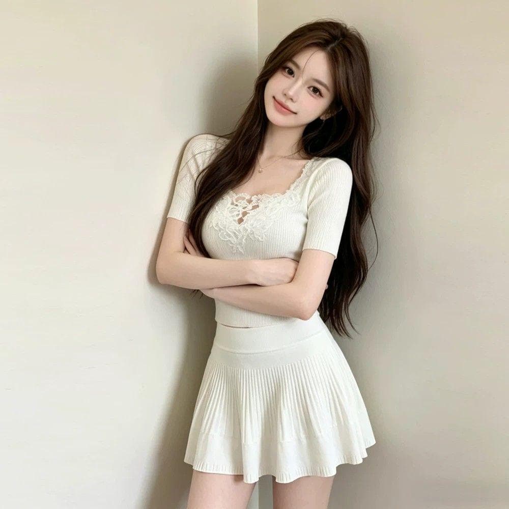 [Nova chegada] renda costura com decote em v malha de manga curta camiseta feminina verão estilo suave terno saia plissa