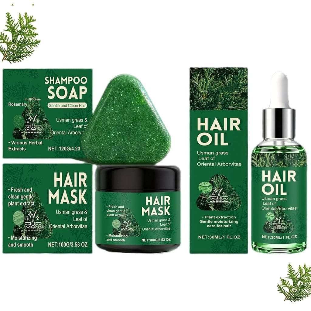 Conjunto de Tratamento Capilar Usman Grass, Óleo Capilar, Barra de Shampoo e Máscara Capilar - Ajuda a Restaurar o Brilh