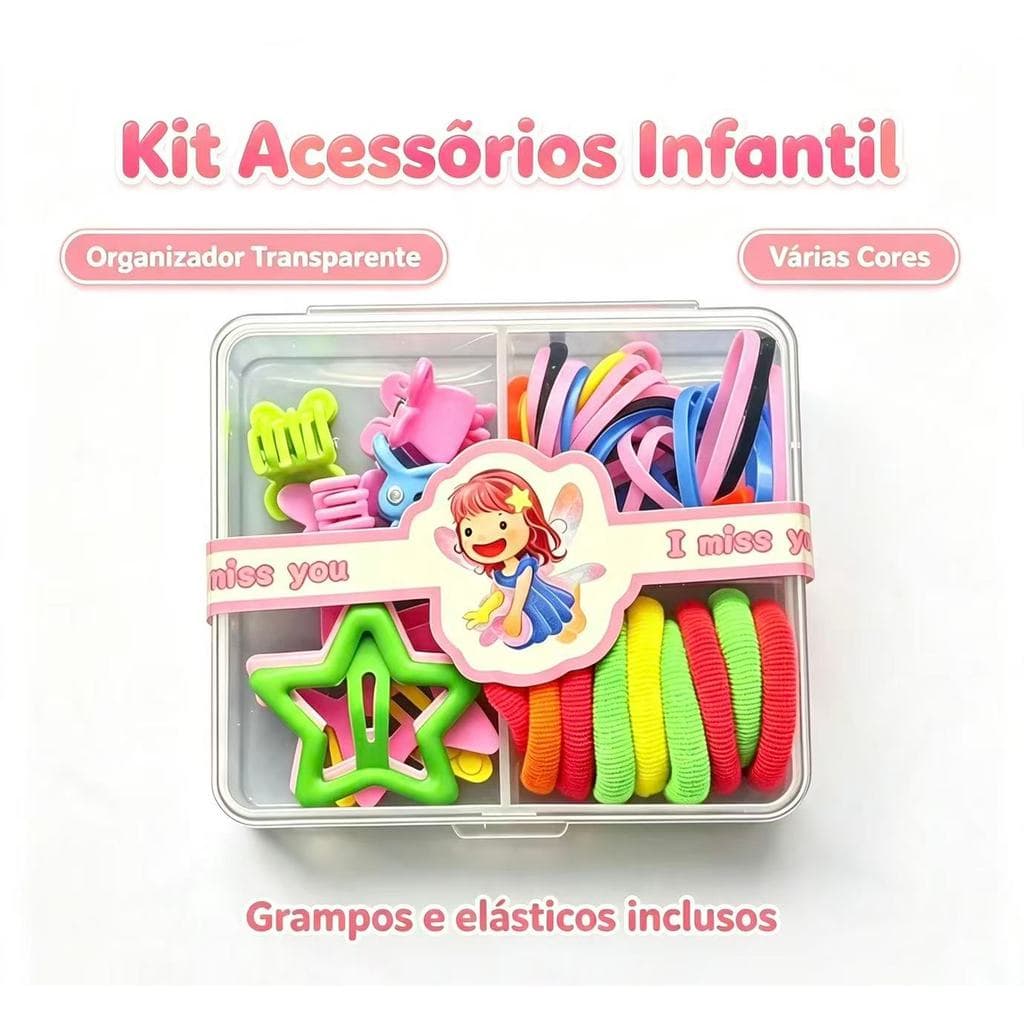 Kit Infantil de Elásticos e Presilhas para Cabelo com Estojo | Acessórios Coloridos para Meninas