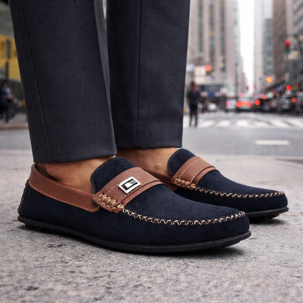 Mocassim Casual Masculino Sapato Social Camurça Preto com Caramelo Moderno Sofisticado Confortável Elegante