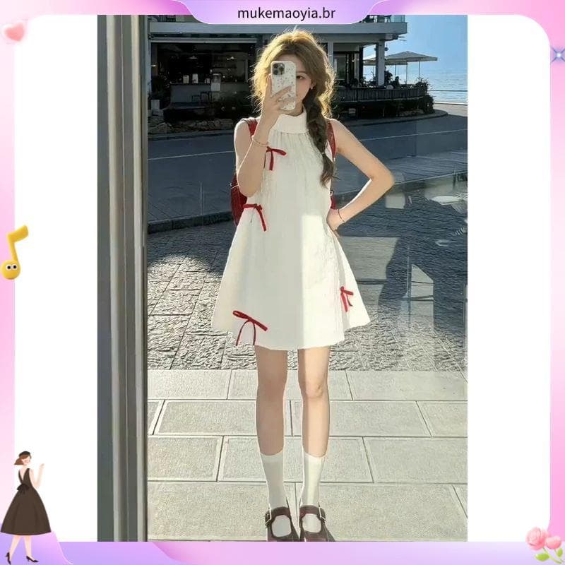 Doce menina estilo branco sem mangas vestido crianças verão 2026 novo estilo Bowknot A linha saia de boneca redutora de