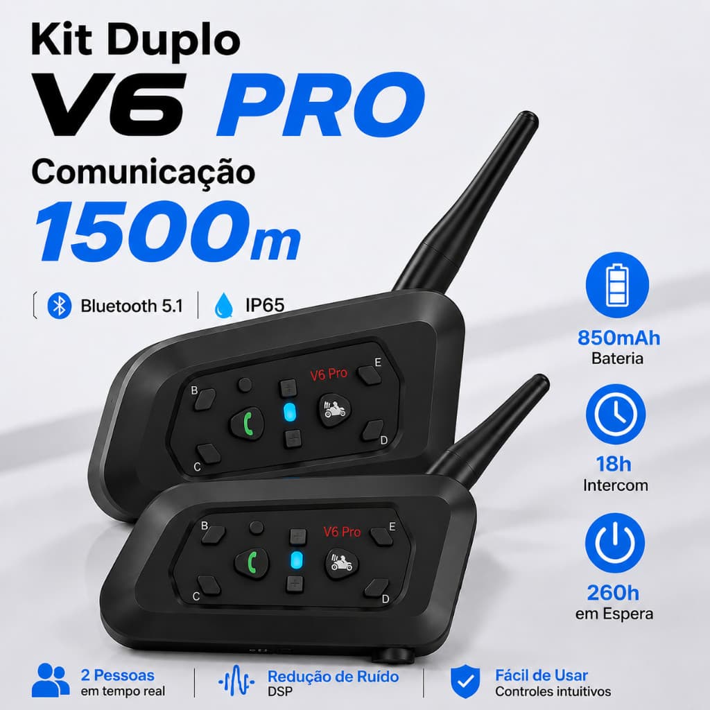 Kit 2 Intercomunicador Moto Capacete V6 Pro Bluetooth 1500m 6 Motocas À Prova D'água IP65 Fone Som DSP Motoboy Viagem