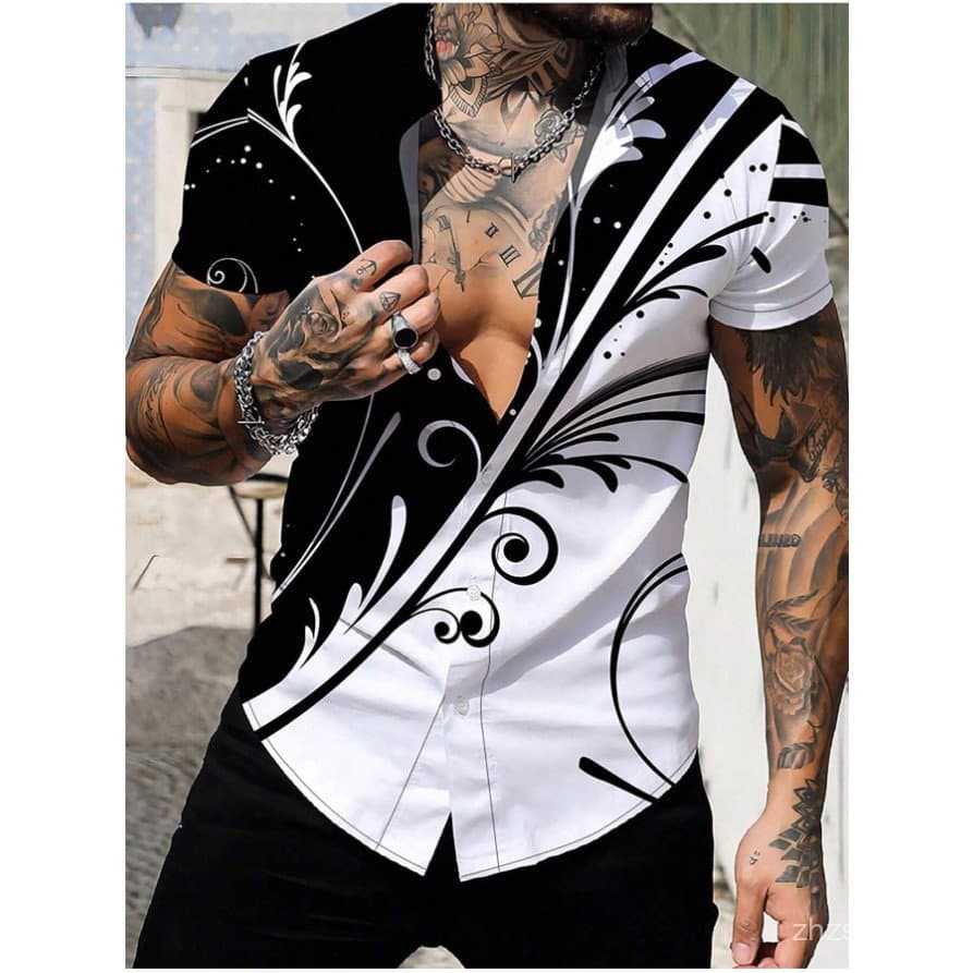 Camisa Masculina de Manga Curta com Estampa de Folhas Tropicais, Camisa Social Casual Havaiana