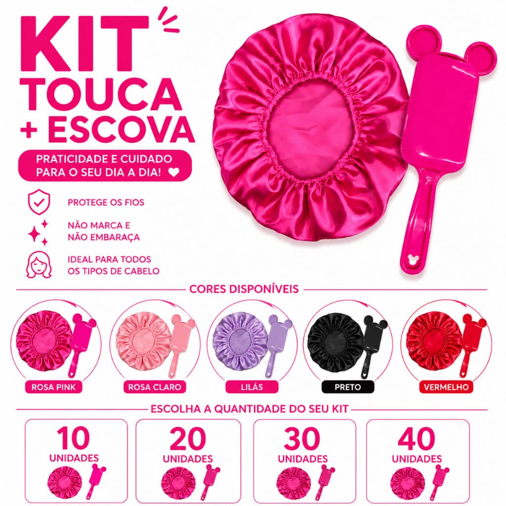 Kit Touca de Cetim 10/20/30/40 + Escova orelinha Unidades Atacado Revenda Cores Sortidas