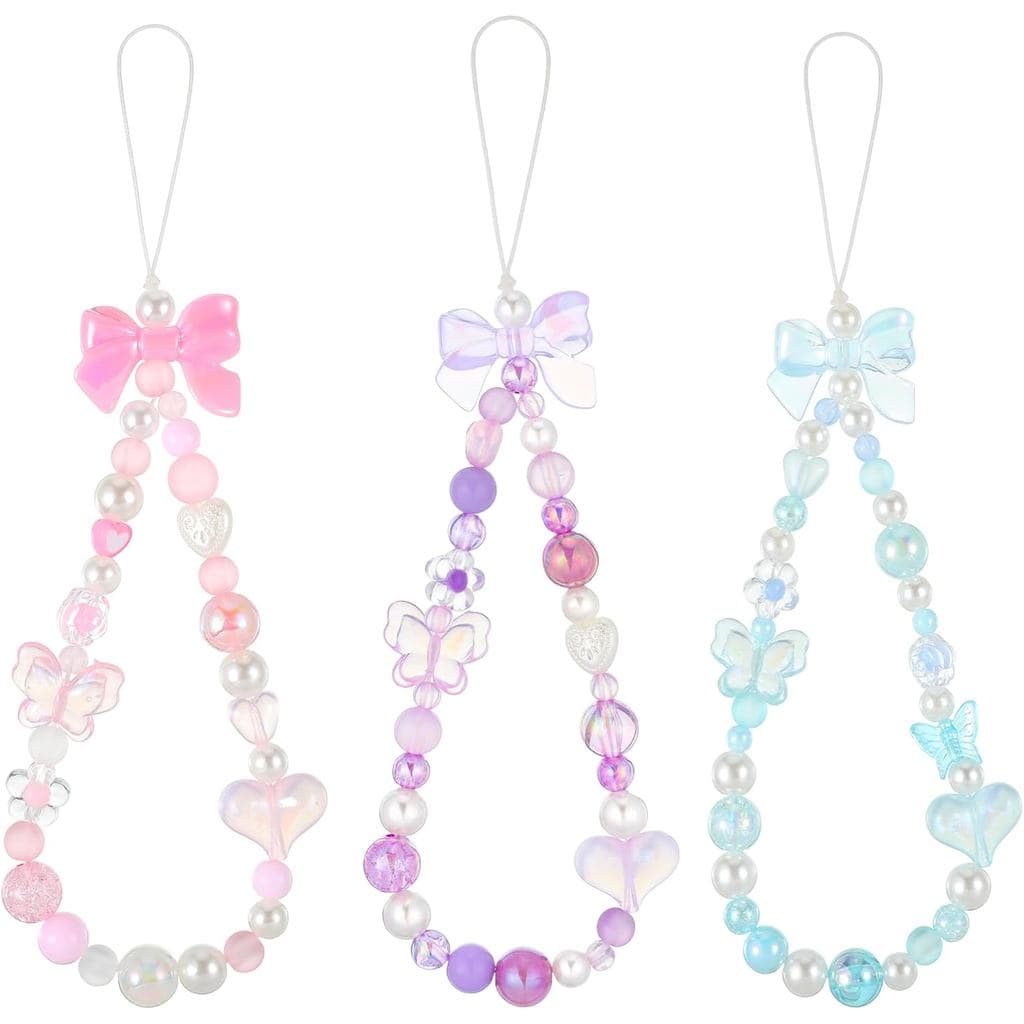 Alça de Celular com Contas, 3 Peças de Alça de Pulso para Câmera, Chaveiro, Cordão com Borboleta, Flor, Coração, Laço, C