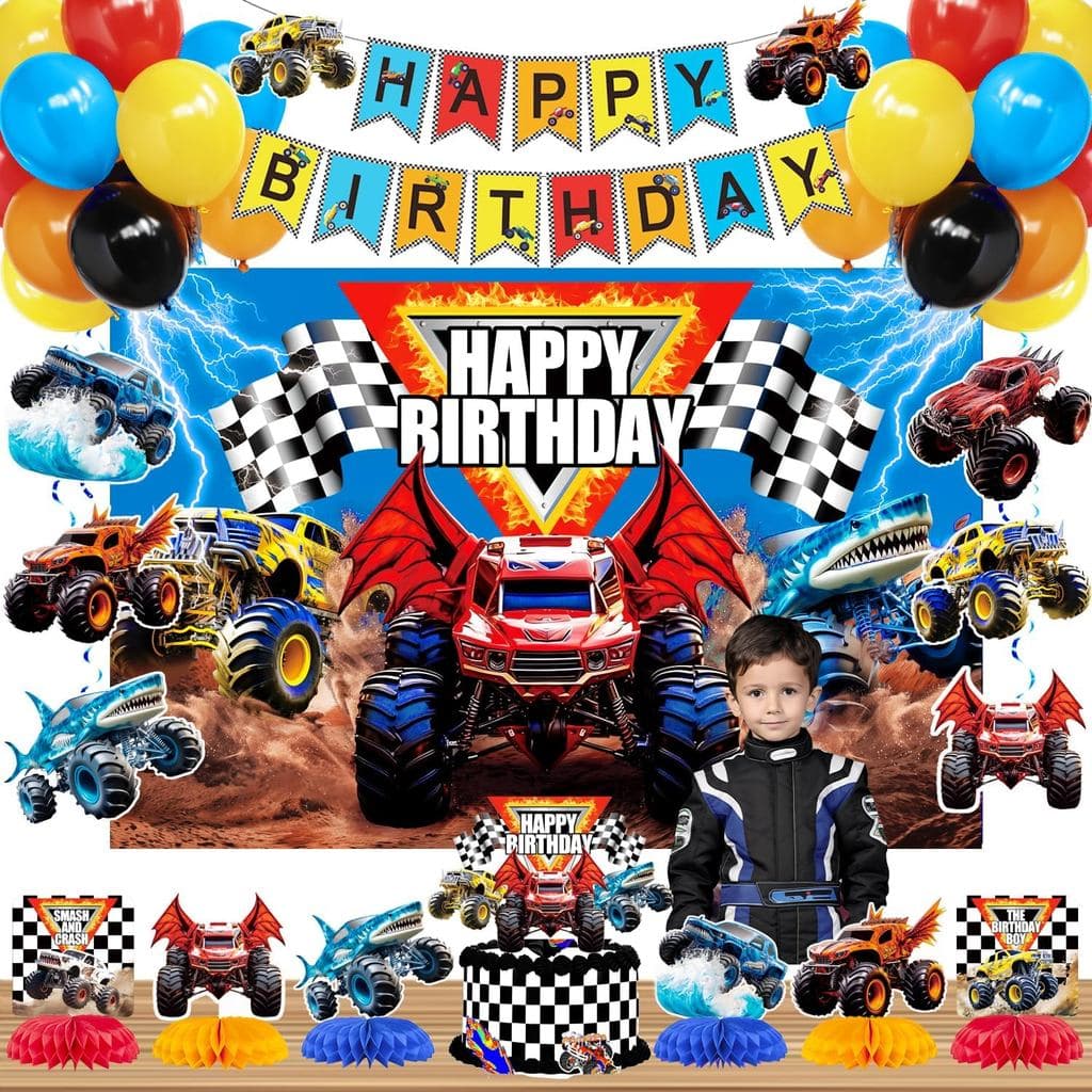 Decorações para Festa de Aniversário de Monster Truck, Kit de Arco de Balões de Corrida, Faixa de Feliz Aniversário, Peç