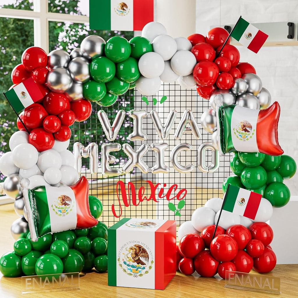 Kit de Arco de Balões para o Dia da Independência do México, 154 peças de balões vermelhos, verdes, brancos e prata crom