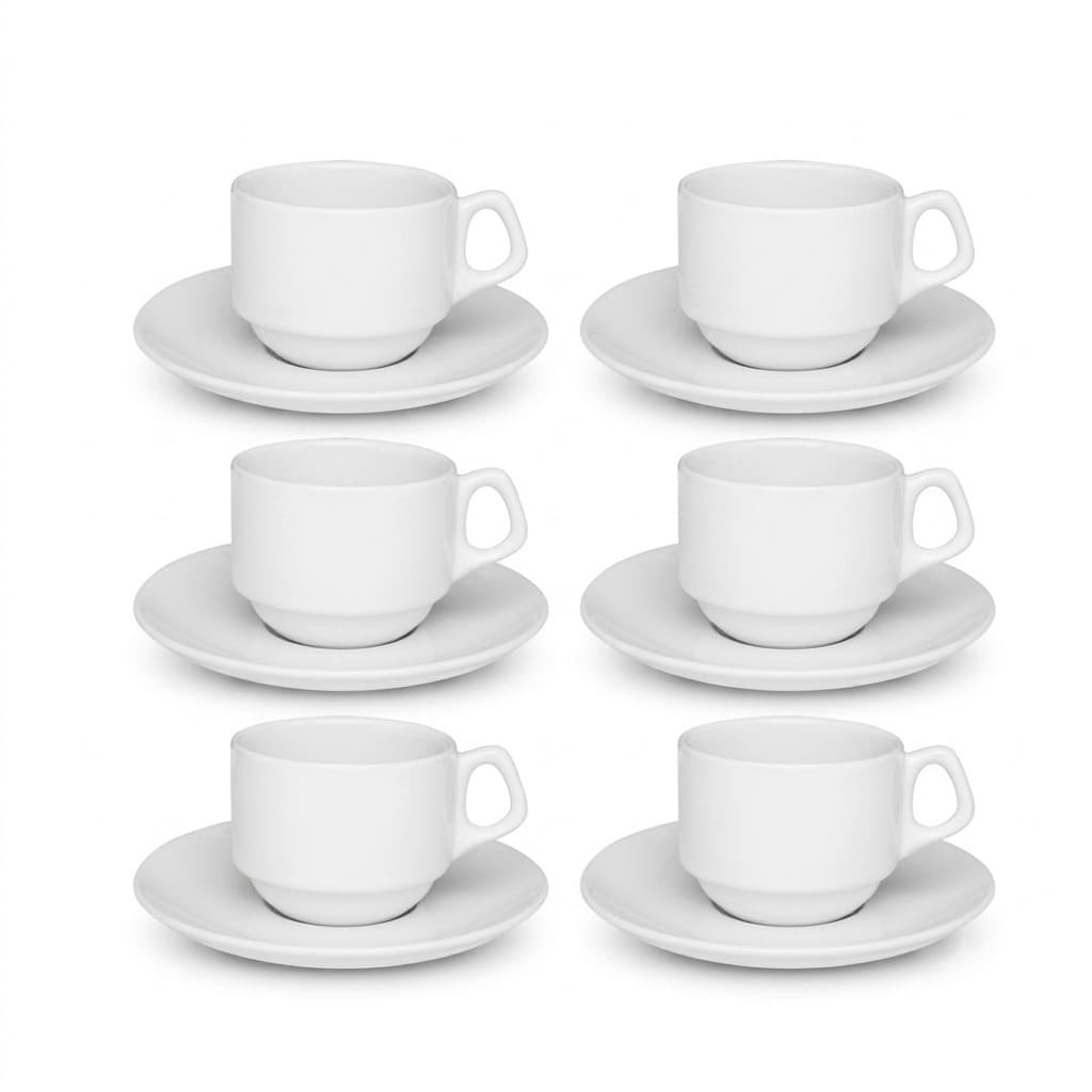 Jogo de 6 Xícaras 200ml Com Pires Empilháveis, xícara de porcelana branca - oxford porcelana, mesa posta, xícara hotel;