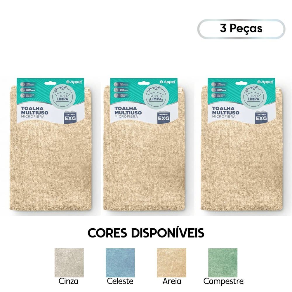 Kit 3 Panos de Microfibra Multiuso 60x90 Alta Absorção Super Limpa - Appel Home