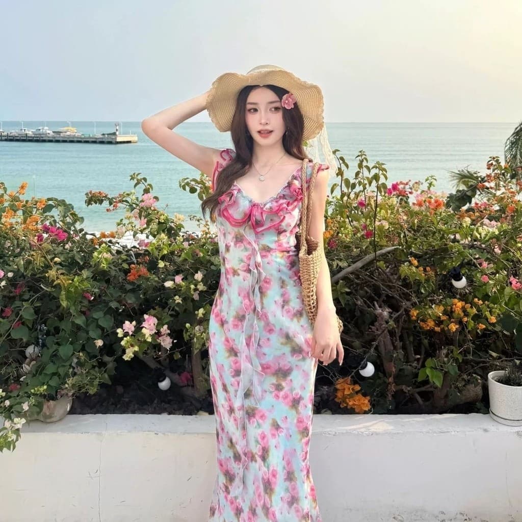 Vestido Floral rosa francesa linda atmosfera temperamento vestido longo de renda