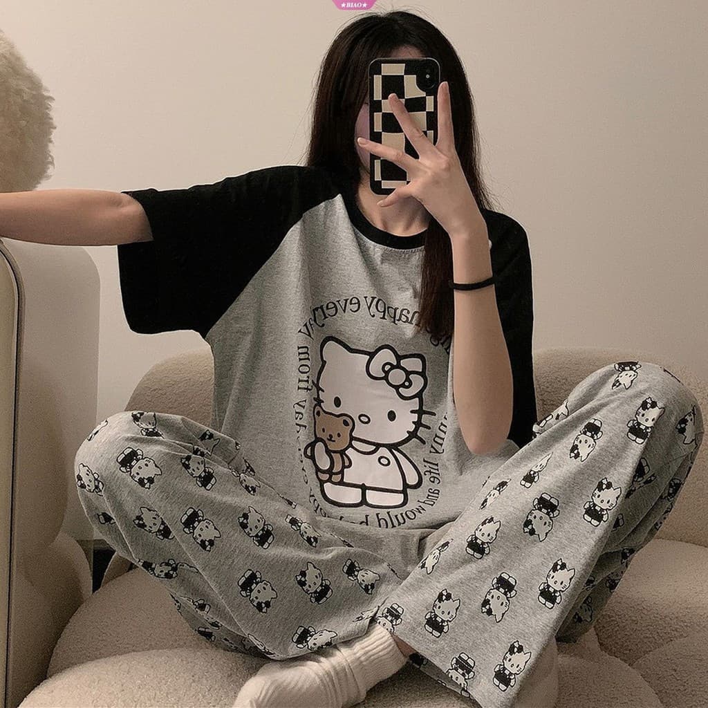 Conjunto de Pijama Feminino Sanrio Hello Kitty para o Verão, Moda Doce Y2K, Conjunto de Duas Peças para Dormitório RGI2