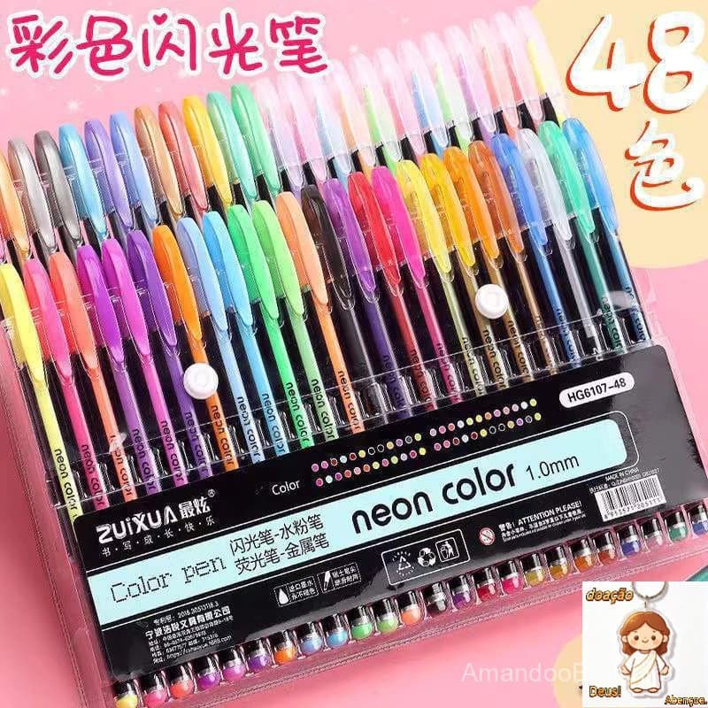 Kit com 12/24/36/48 Cores Caneta Gel ColorGel Tinta Glitter Pastel Neon Metal Escolar