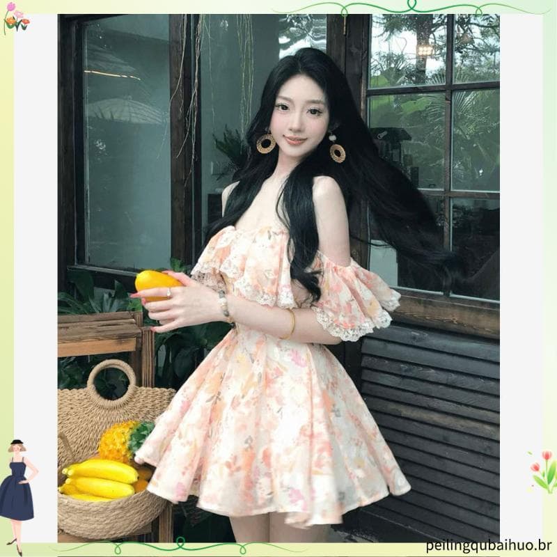 Fuu/Fanyouyou Vestido Floral de renda estilo desejo puro francês de um ombro feminino verão cintura estreita mais magro