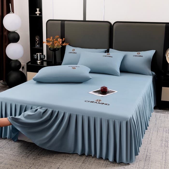 Saia De Cama De Camélia Bordada Escovada Lavada Conjunto De Três Peças Luz Luxo Simples Bordado Artesanato Macio Pele-Am
