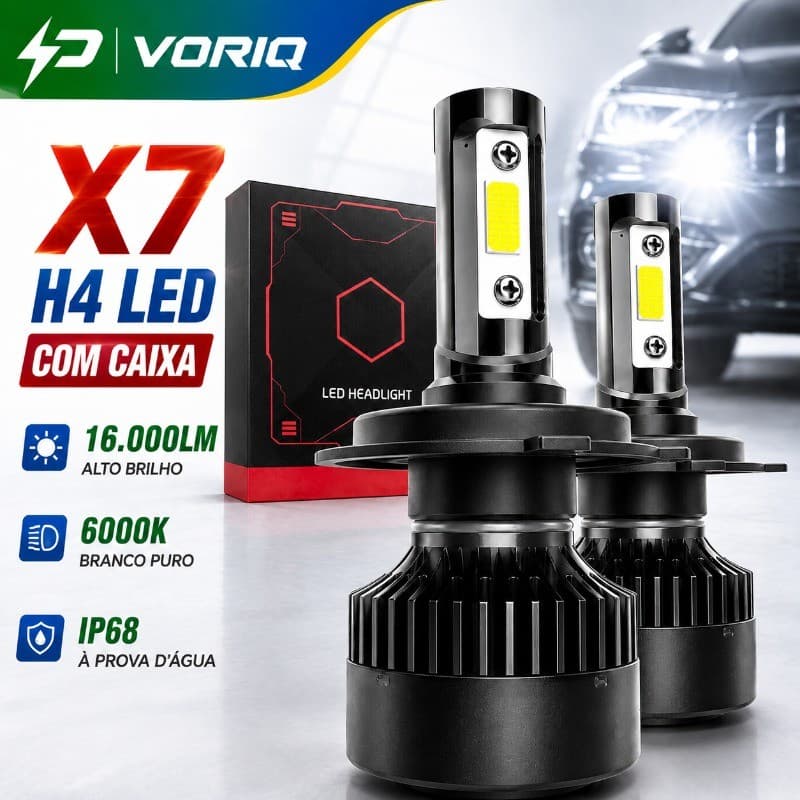 Kit Lâmpada Super X7 H4 LED 6000k 8000 Lumens Branco Frio Cooler Integrado Ventilação Forçada