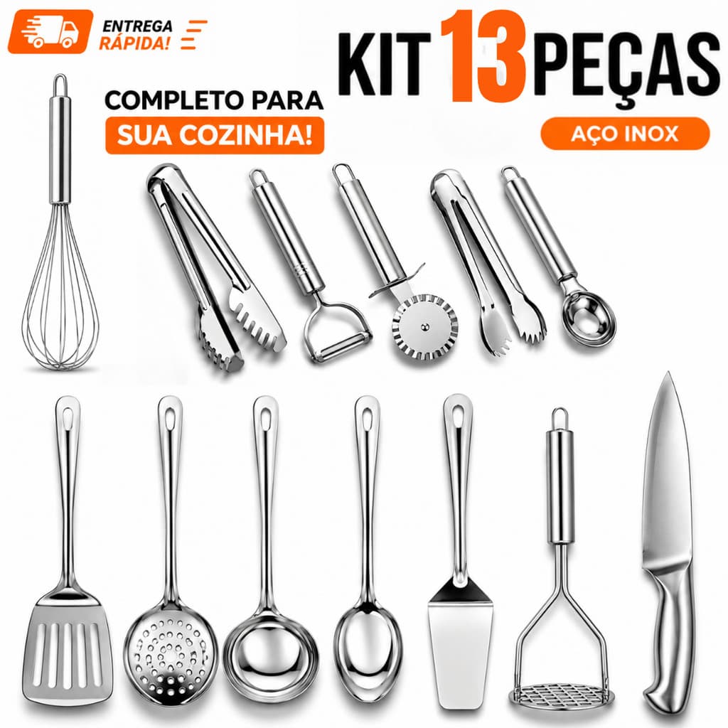 Kit Utensílios Cozinha Inox 13 Peças Espátula Concha Escumadeira Faca Amolador Pegadores Descascador Premium