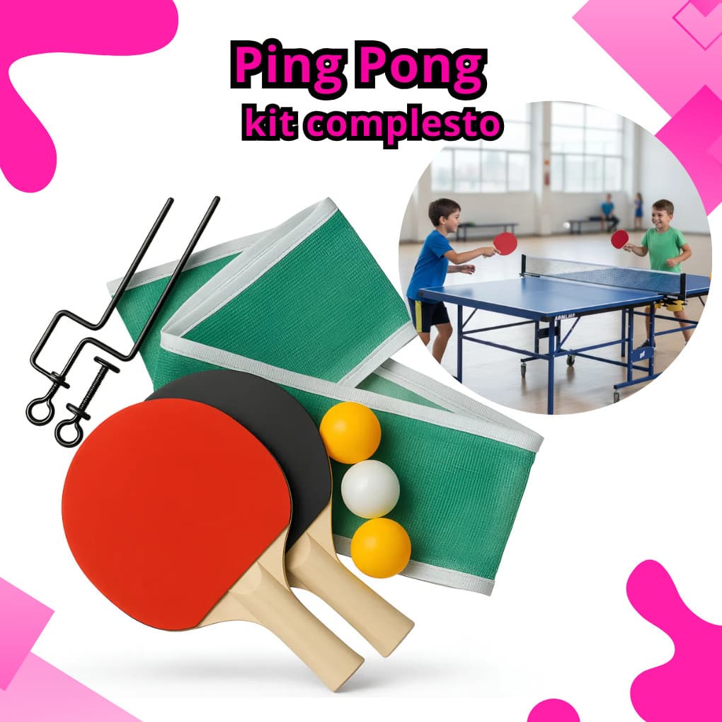 1/2 de kit Ping Pong Tênis de Mesa C/ 2 Raquetes Anatômicas, 3 Bolas, 1 Rede e 2 Suportes