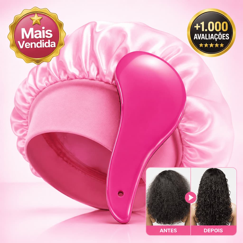 Kit Escova Mágica + Touca de Cetim com Faixa Anti Frizz Para Cabelos Cacheados, Ondulados e Lisos