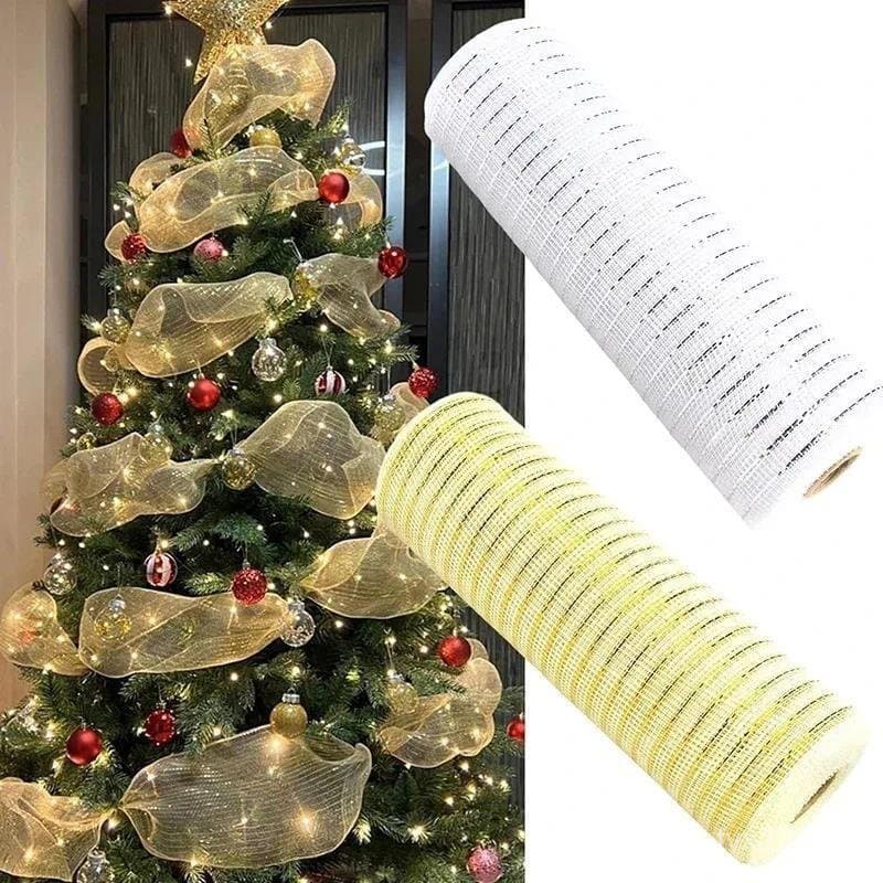 Malha Tule Rolo Tecido Pingente Para Decoração De Natal Grade Dourada Fita Árvore Festa Casa Quarto Grinalda Presente