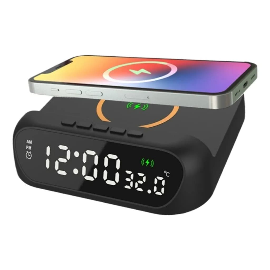 Despertador Digital 3 em 1 com Carregador Sem Fio 15W USB Temperatura Alarme Duplo para Quarto