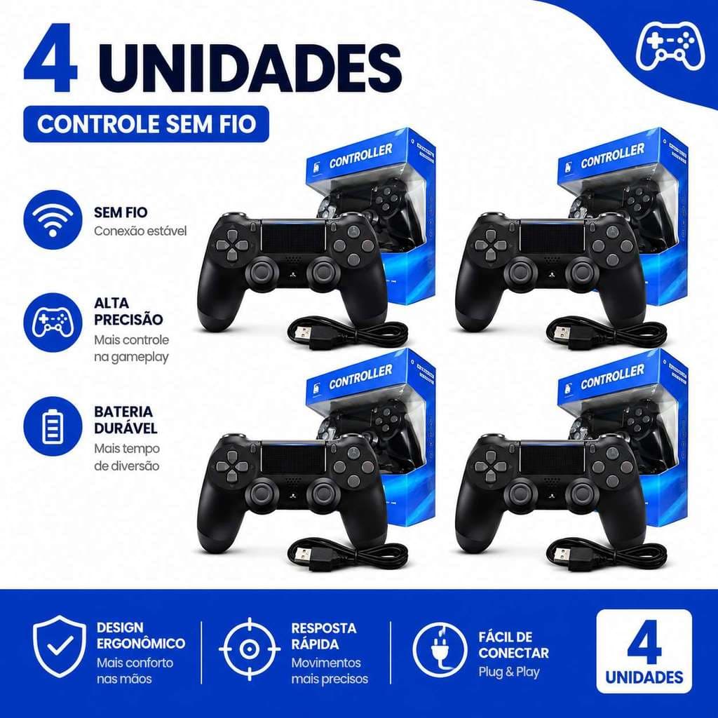 Kit Novo Controle Sem Fio para PS4, Joystick Recarregável Compatível com PS4, PC Gamer e Smart TV - Preto