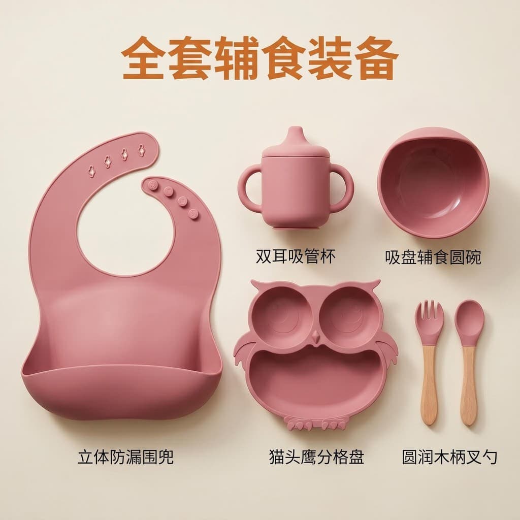 Conjunto De Alimentação De Bebê De Silicone , Tigela De Sucção , Copo , Colher , Talheres De Comida Para Crianças Pequen
