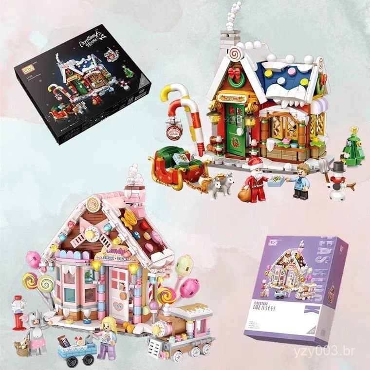 Blocos de Montar Loz Mini: Casa de Natal, Cabana de Halloween, Carrinho de Abóbora - Brinquedos Educativos para Montar