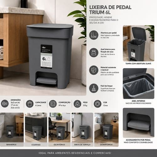 Lixeira Pedal Retangular Compacta Resistente 6 Litros Cinza Casa Escritório