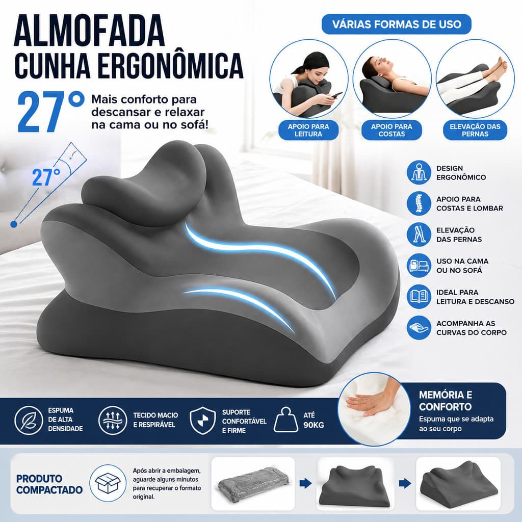 Almofada Cunha 27° Ergonômica para Costas e Pernas, Travesseiro para Leitura e Descanso