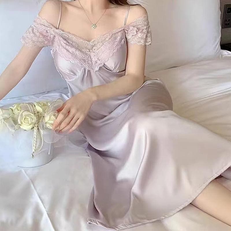 Pijama feminino estilingue camisola de renda com almofada no peito seda gelada fina Homewear