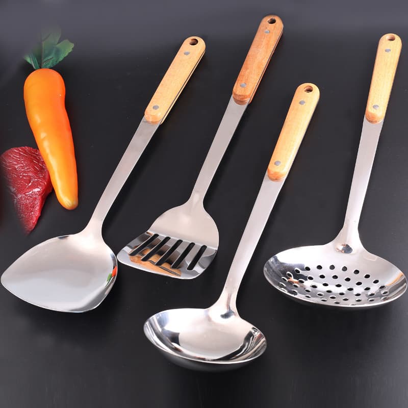 Espátula de aço inoxidável com cabo Anti-escaldante, colher de sopa, coador, espátula para fritar, conjunto de utensílio