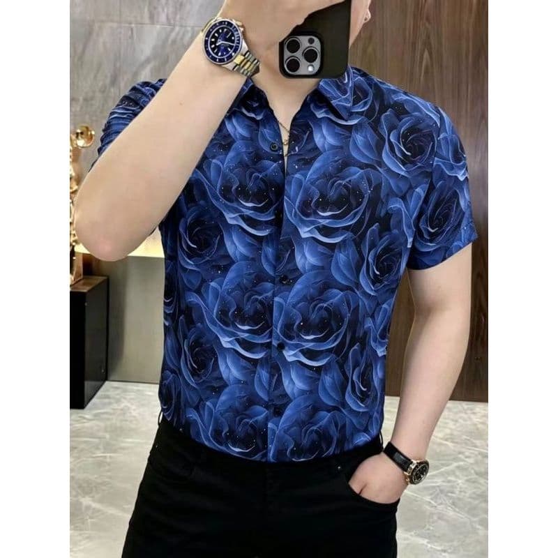 Verão masculino gelo seda camisa de manga curta luz luxo moda simples reunindo Jacquard oco estilo fino legal camisa Cas