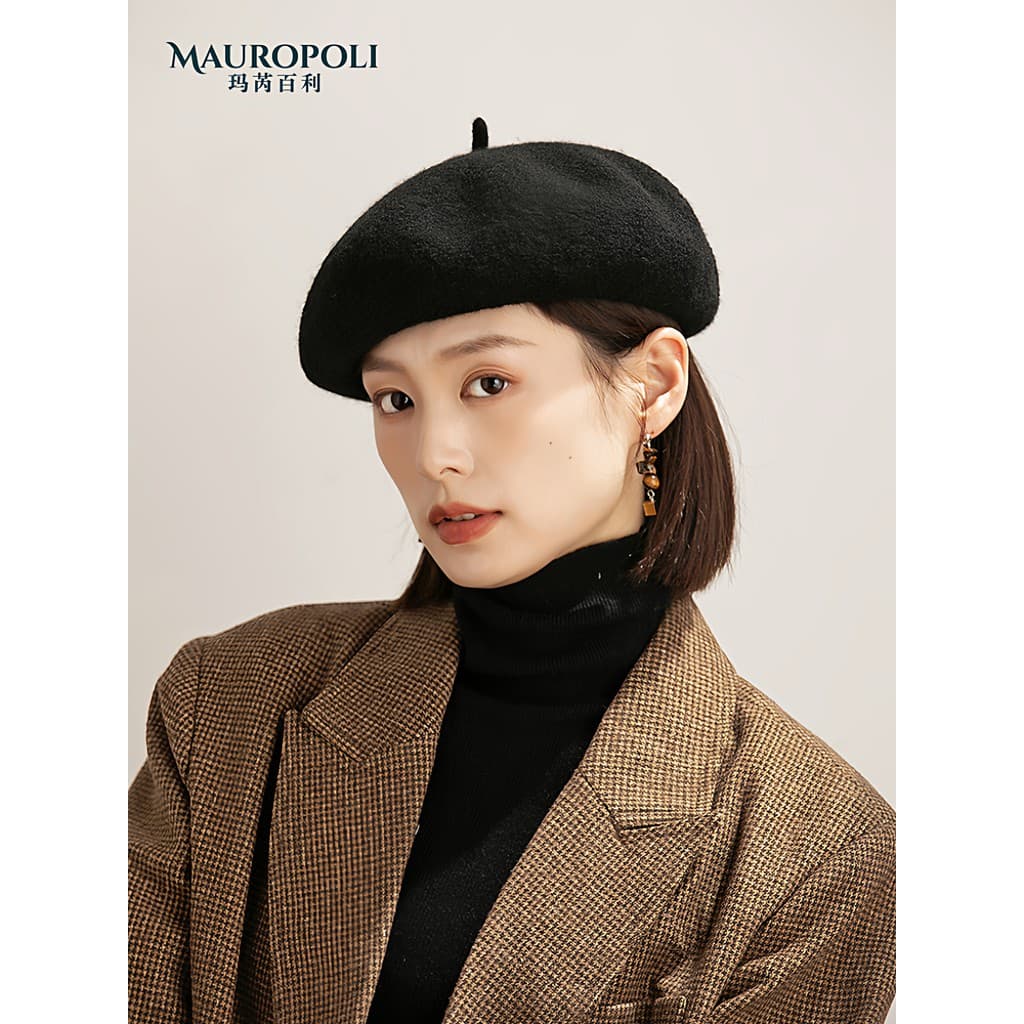 Nova boina de lã pura feminina outono inverno moda pintor chapéu preto boina britânica Retro elegante chapéu