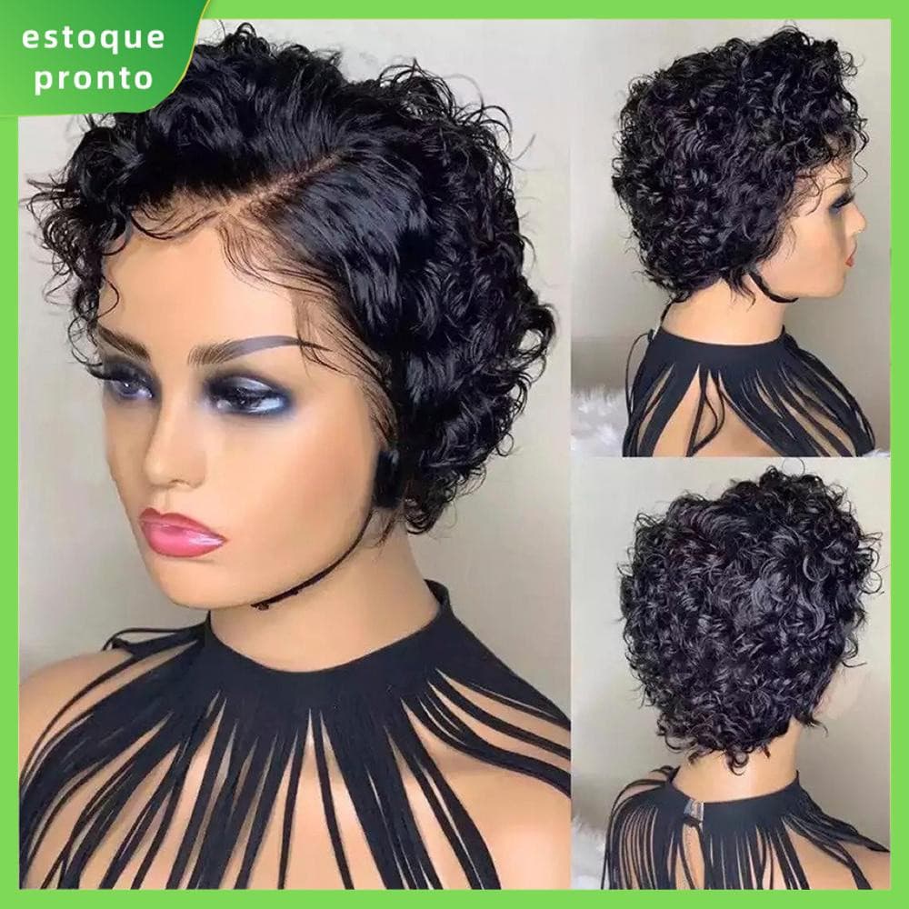 Peruca Curta Cacheada de Cabelo Humano, Peruca Sintética Feminina Fashion para Cosplay e Uso Diário 0947