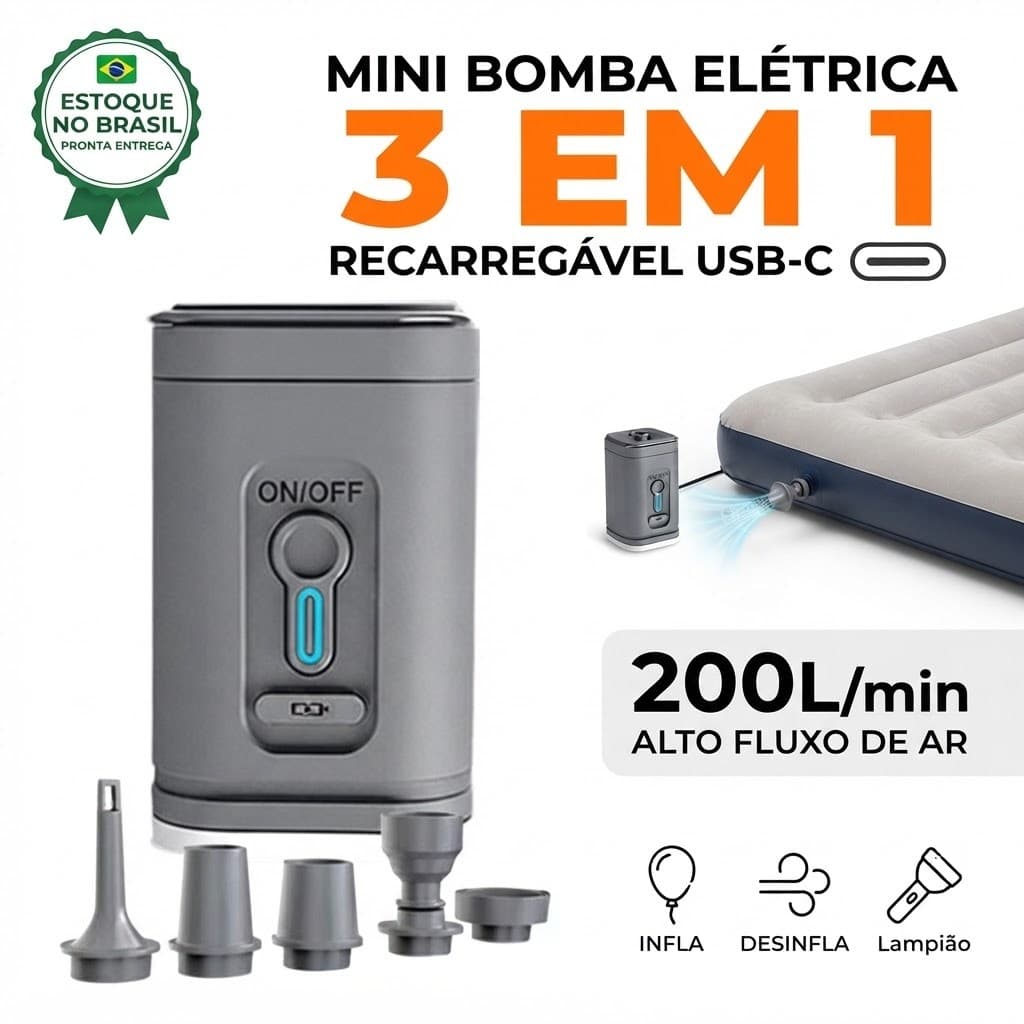 Mini Bomba de Ar Elétrica Recarregável USB-C Inflador 3 em 1 Colchão Boia Camping Lampião LED Portátil