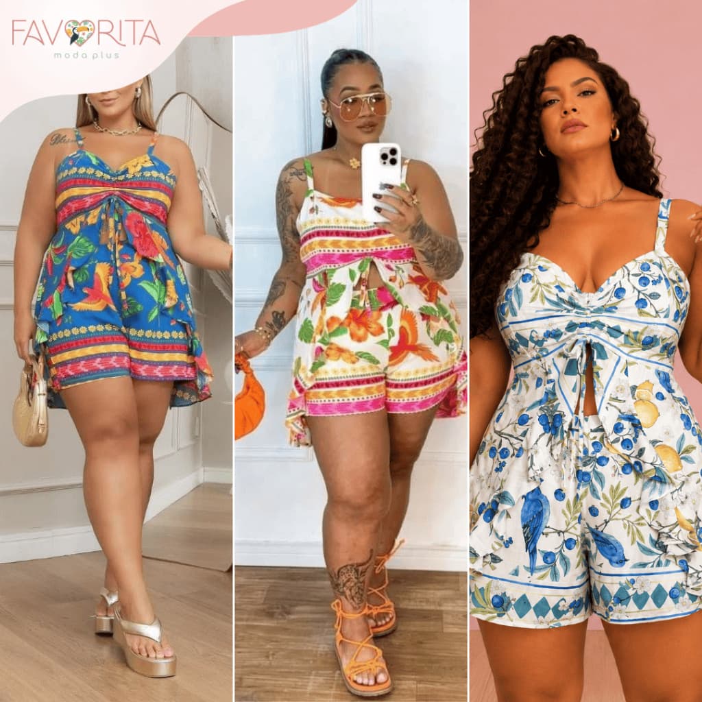 Conjunto Regata Boho e Short Estampa Tropical Plus Size Tendência Chique Verão Calor