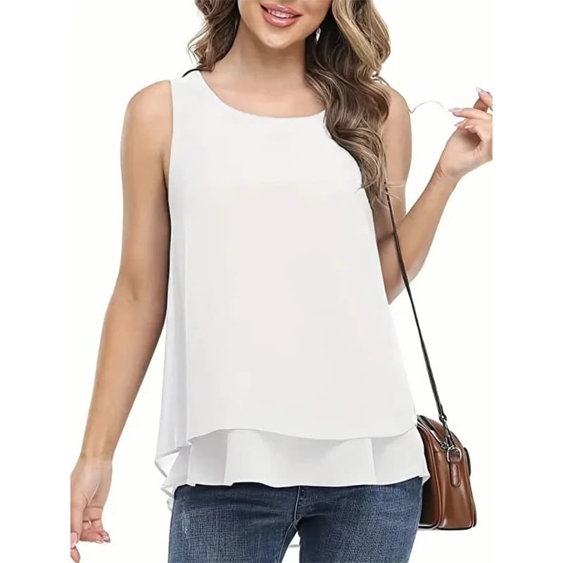 Blusas de Chiffon Simples de Verão para Mulheres, Camisas Casuais Sem Mangas, Decote Redondo, Cor Sólida, Top de Camada